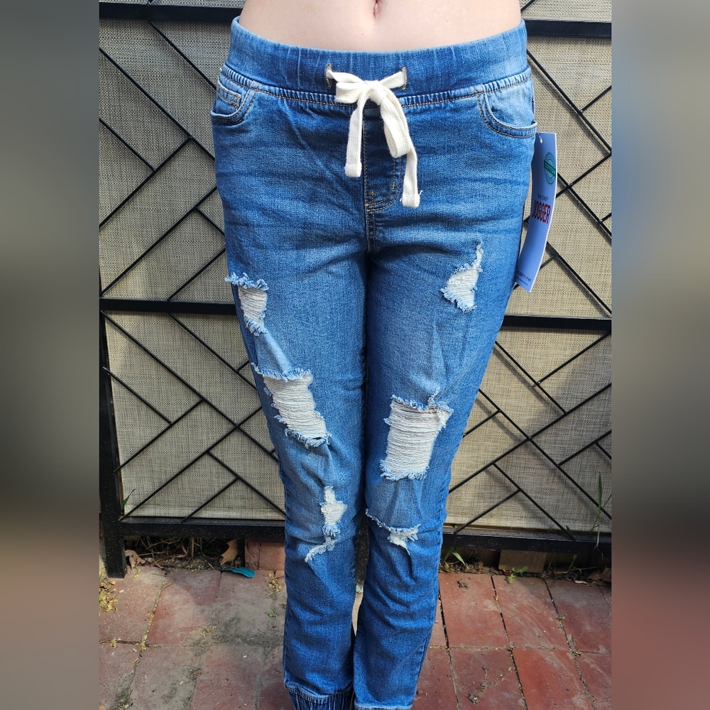 Celebrity Pink Blue Distressed Jogger Jeans with Elastic Waistband - Picture 7 of 7